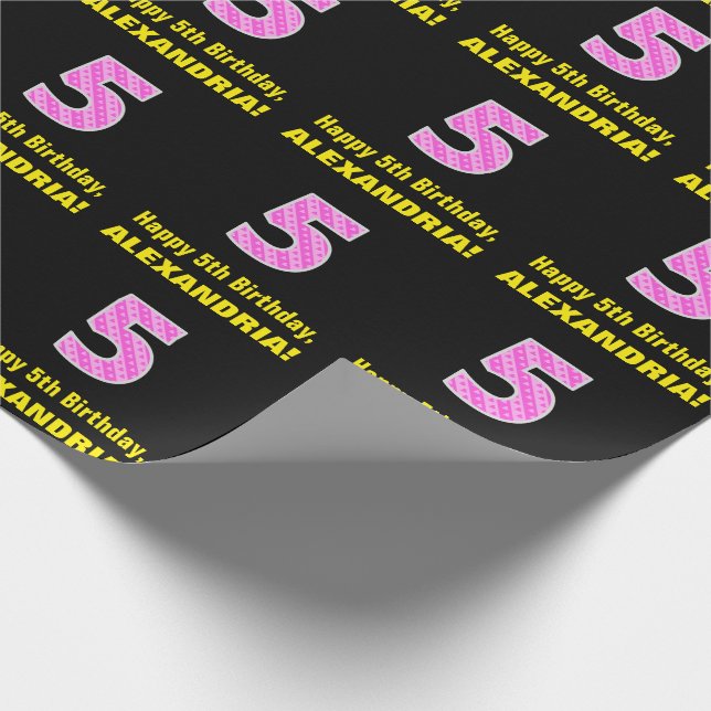 Papier Cadeau 5e anniversaire : Pink Stripes and Hearts "5" + No (Coin)