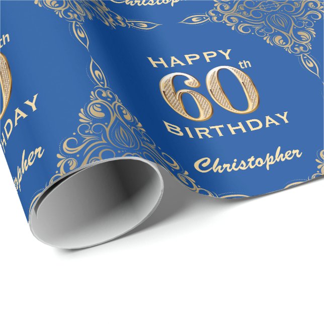 Papier Cadeau 60e anniversaire Cadre Parties scintillant bleu et (Coin rond)