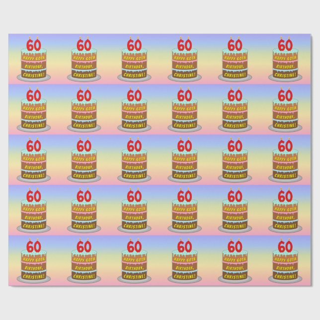 Papier Cadeau 60e anniversaire : Fun Cake and Candles + Nom pers (Plat)