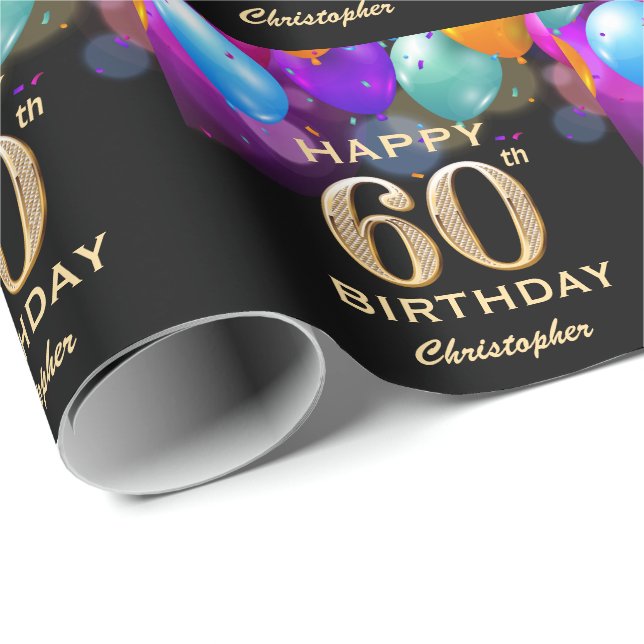 Papier Cadeau 60e fête d'anniversaire Ballons noirs et or (Coin rond)