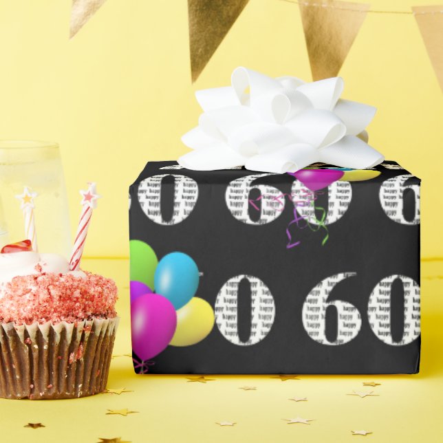 Papier Cadeau 60e Joyeux Ballons d'Anniversaire Sur Noir (Fête d'anniversaire)