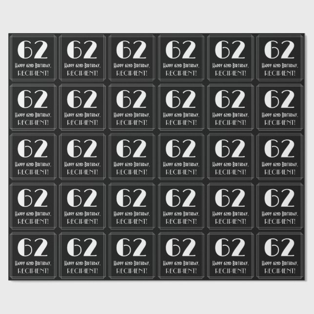 Papier Cadeau 62e anniversaire - Art Déco Inspiré Look "62", Nom (Plat)