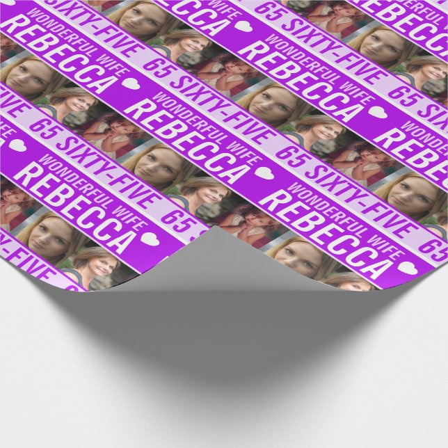 Papier Cadeau 65ème anniversaire trois photos violet femme merve (Coin)