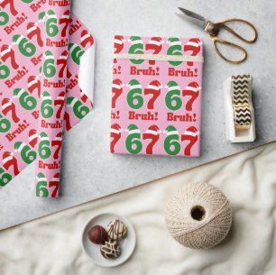 Papier Cadeau 67 Bruh Drôle de chapeau de Noël rouge et vert de 