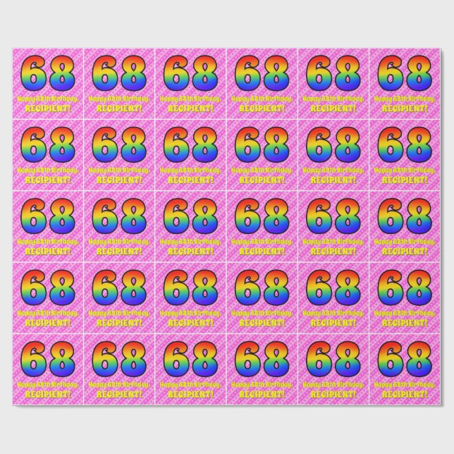 Papier Cadeau 68e anniversaire : Pink Stripes & Hearts, Arc en c (Plat)
