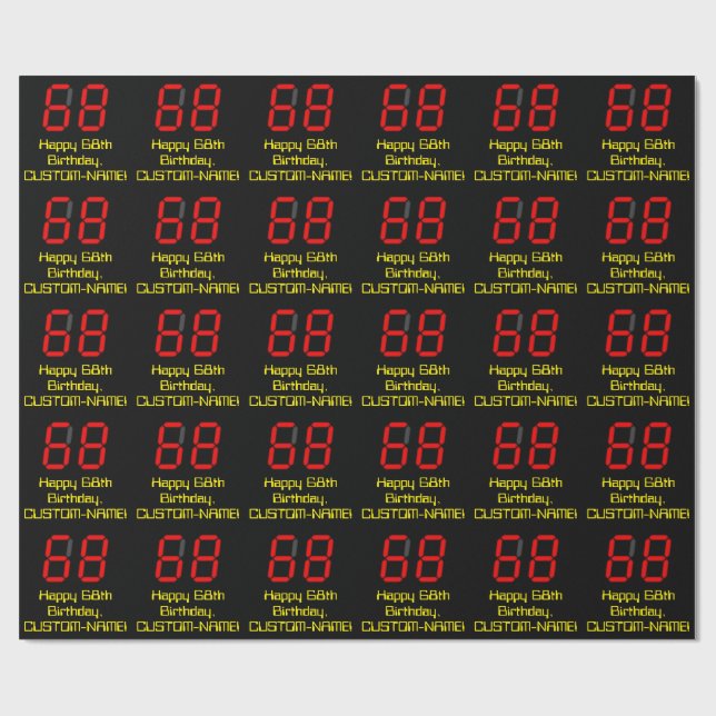 Papier Cadeau 68e anniversaire : Rouge Digital Clock Style "68"  (Plat)