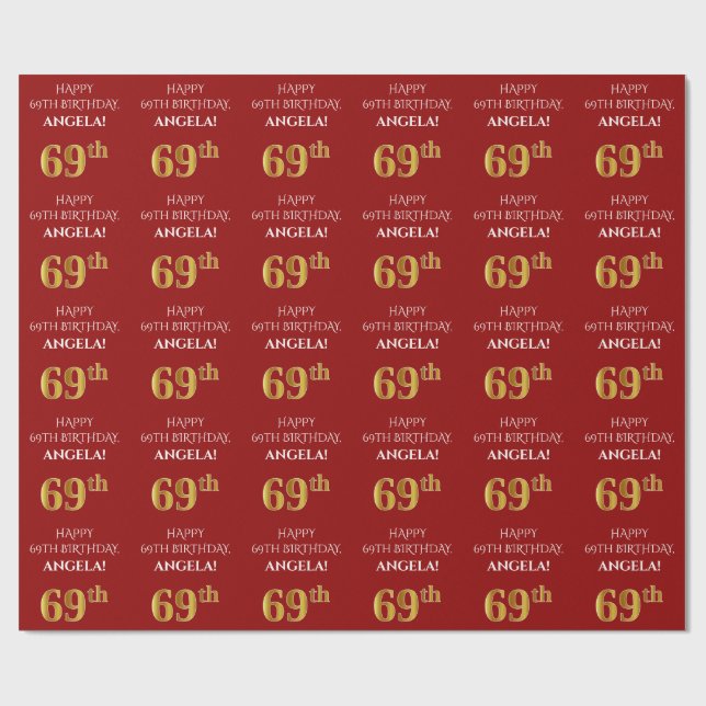 Papier Cadeau 69e anniversaire : Elégant, Rouge, Faux Gold Look (Plat)