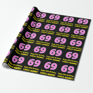 Papier Cadeau 69e anniversaire : Pink Stripes and Hearts "69" + 