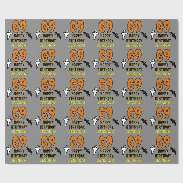 Papier Cadeau 69e anniversaire : Thème d'Halloween Éffrayant, No (Plat)