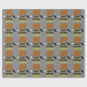 Papier Cadeau 69e anniversaire : Thème Halloween Éffrayant, Nom 