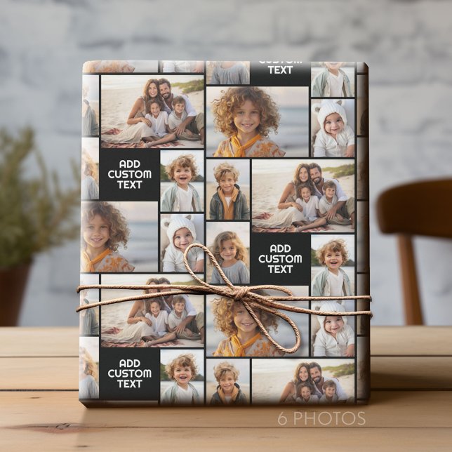 Papier Cadeau 6 collage photo - couleur solide - texte blanc (Custom Photo Collage Wrapping Paper - All Occasion)