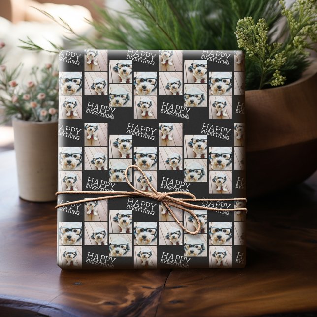 Papier Cadeau 6 Photo Happy Everything Minimal noir blanc (Personalized Photo Wrapping Paper)