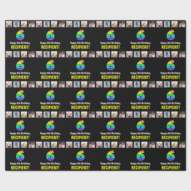 Papier Cadeau 6e anniversaire : Arc-en-ciel "6"; photos et nom p (Couture)