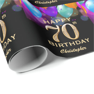 Papier Cadeau 70e fête d'anniversaire Ballons noirs et or