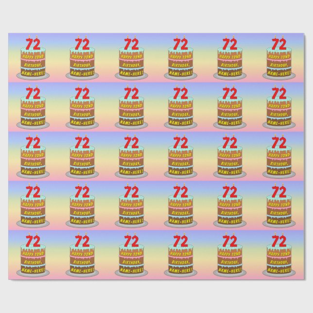 Papier Cadeau 72e anniversaire : Fun Cake and Candles + Nom pers (Plat)