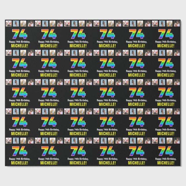 Papier Cadeau 74e anniversaire : Arc-en-ciel "74"; photos et nom (Plat)