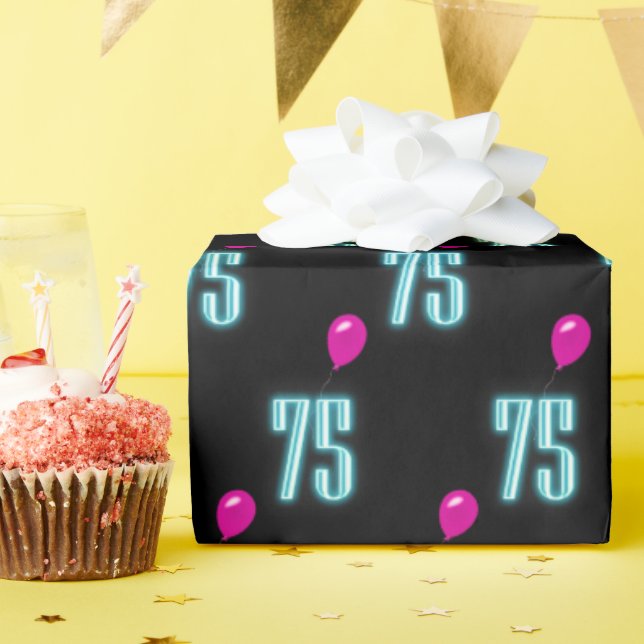Papier Cadeau 75e anniversaire Neon avec ballon (Fête d'anniversaire)