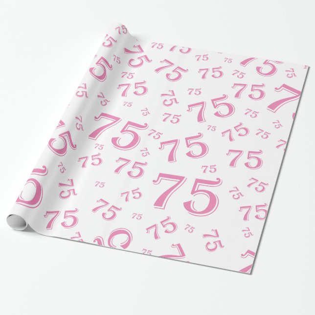 Papier Cadeau 75e anniversaire Numéro Motif 75 rose et blanc (Déroulé)