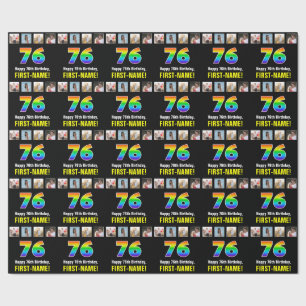 Papier Cadeau 76e anniversaire : Arc-en-ciel "76"; photos et nom