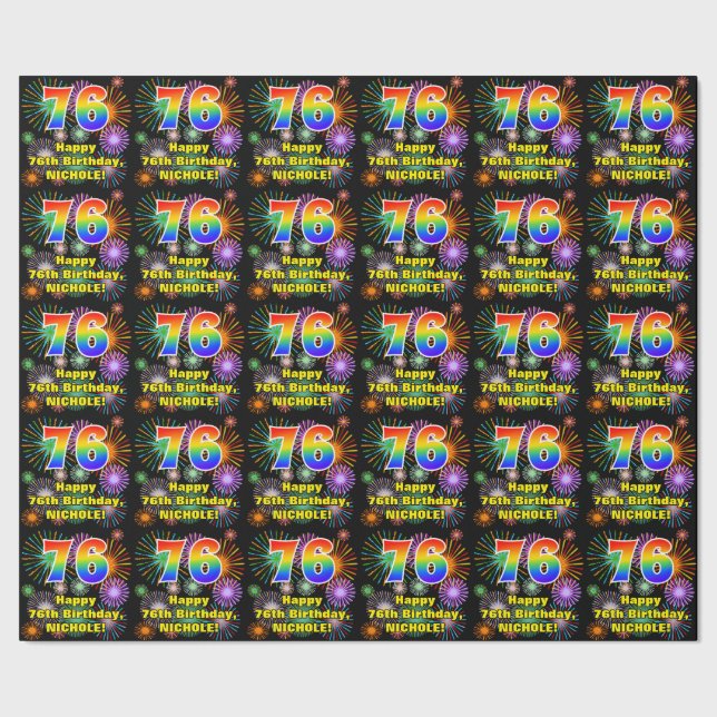 Papier Cadeau 76e anniversaire : Fun Fireworks, Rainbow Look # " (Couture)