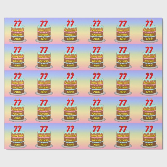 Papier Cadeau 77e anniversaire : Fun Cake and Candles + Nom pers (Couture)