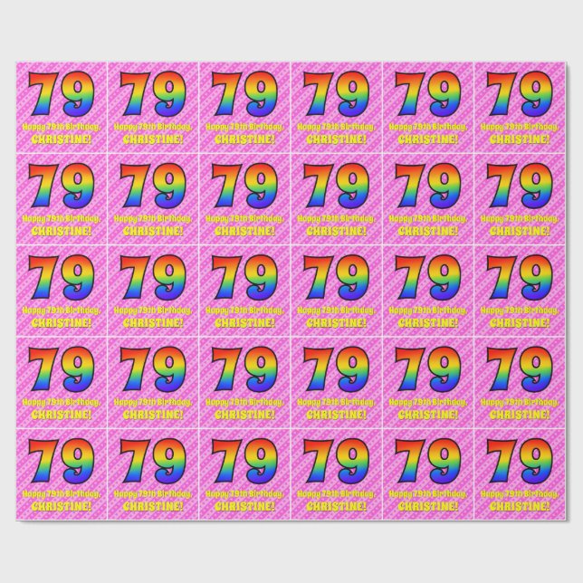 Papier Cadeau 79e anniversaire : Pink Stripes & Hearts, Arc en c (Plat)