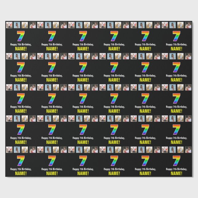 Papier Cadeau 7e anniversaire : Arc-en-ciel "7"; photos et nom p (Plat)