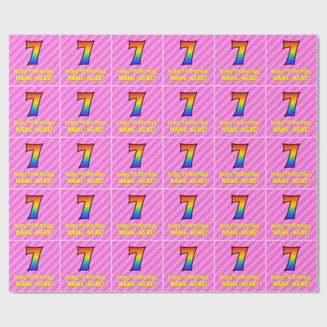 Papier Cadeau 7e anniversaire : Pink Stripes & Hearts, Rainbow # (Plat)