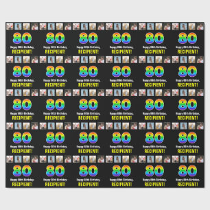 Papier Cadeau 80e anniversaire : Arc-en-ciel "80"; photos et nom