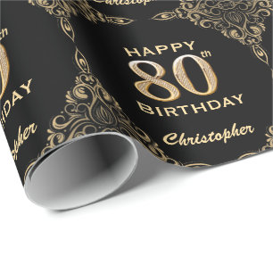 Papier Cadeau 80e anniversaire Black and Gold Parties scintillan