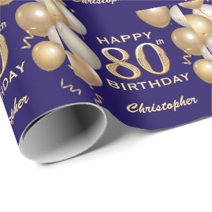 Papier Cadeau 80e anniversaire Marine Bleu et Parties scintillan