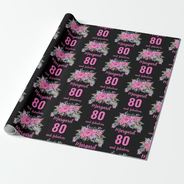 Papier Cadeau 80e anniversaire noir rose floral (Déroulé)