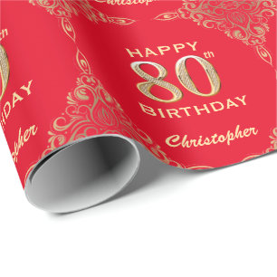 Papier Cadeau 80e anniversaire Parties scintillant rouge et or