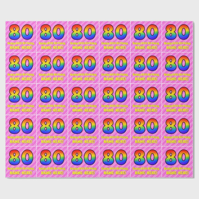 Papier Cadeau 80e anniversaire : Pink Stripes & Hearts, Arc en c (Plat)