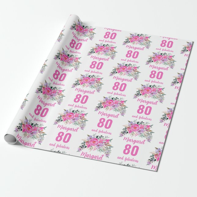 Papier Cadeau 80e anniversaire rose floral (Déroulé)
