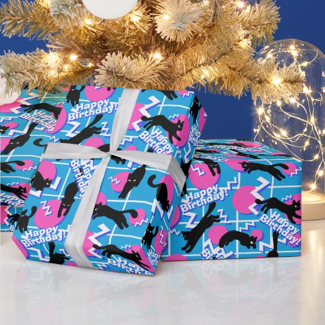 Papier Cadeau 80s Chats Anniversaire Bleu Géométrique Memphis Mo (Vacances)