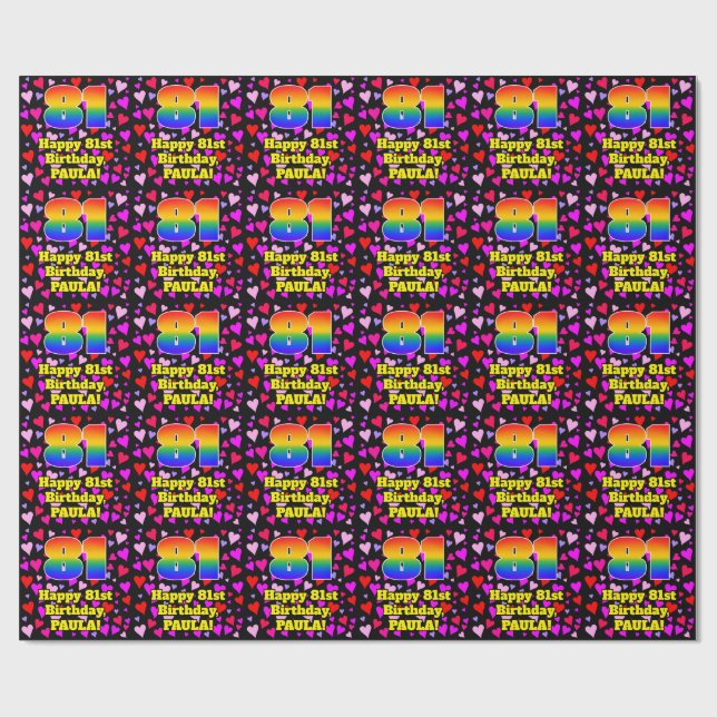 Papier Cadeau 81st Birthday: Loving Hearts Pattern, Rainbow # 81 (Plat)