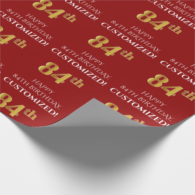 Papier Cadeau 84e anniversaire : élégant, rouge, aspect faux or (Coin)