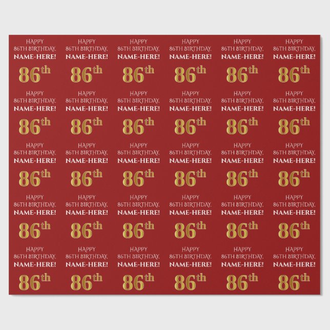 Papier Cadeau 86e anniversaire : Elégant, Rouge, Faux Gold Look (Plat)
