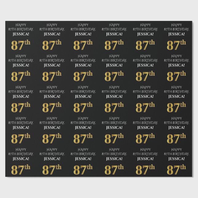 Papier Cadeau 87e anniversaire : Elégant, noir, Faux Gold Look (Plat)