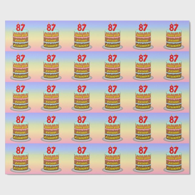 Papier Cadeau 87e anniversaire : Gâteau et bougies amusants + No (Plat)