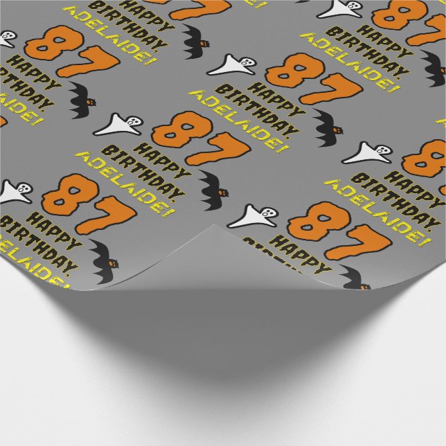 Papier Cadeau 87e anniversaire : thème Halloween effrayant, nom  (Coin)
