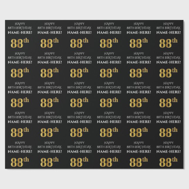 Papier Cadeau 88e anniversaire : Elégant, Noir, Faux Gold Look (Plat)