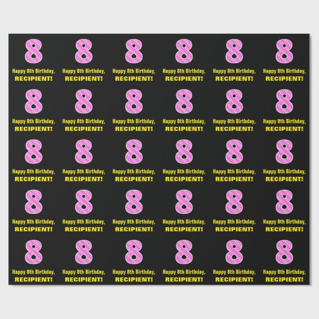 Papier Cadeau 8e anniversaire : Pink Stripes and Hearts "8" + No (Plat)