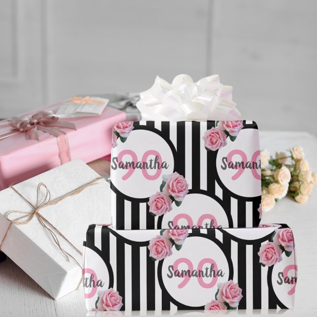 Papier Cadeau 90e anniversaire chic rose roses noir blanc rayure (Créateur téléchargé)