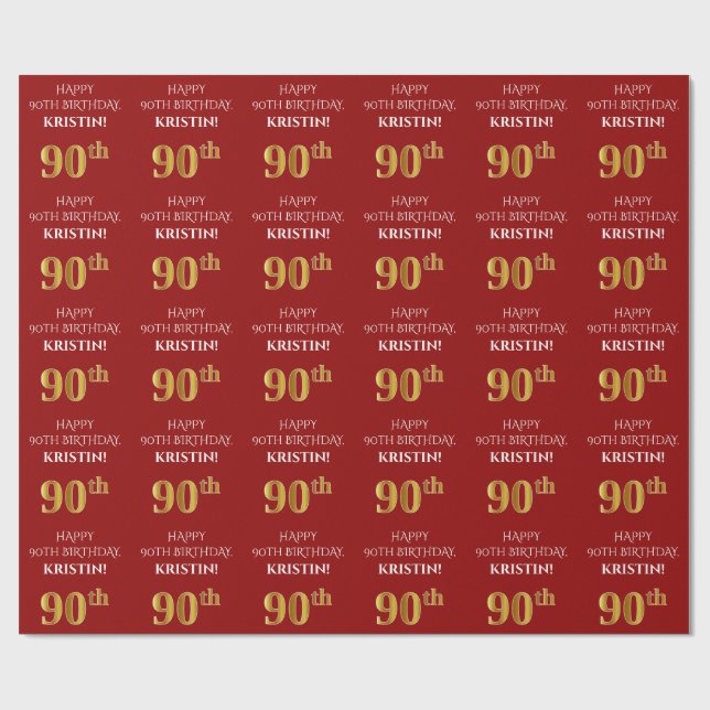 Papier Cadeau 90e anniversaire : Elégant, Rouge, Faux Gold Look (Plat)