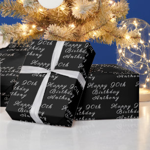 Papier Cadeau 90e anniversaire Nom de fête Noir Motif moderne