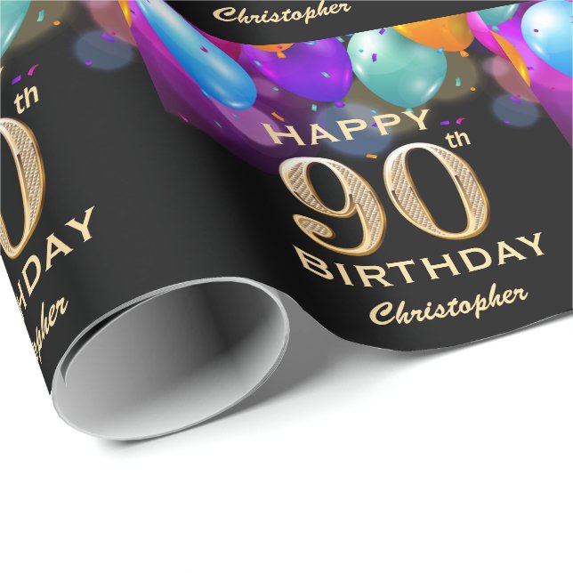Papier Cadeau 90e fête d'anniversaire Ballons noirs et or (Coin rond)