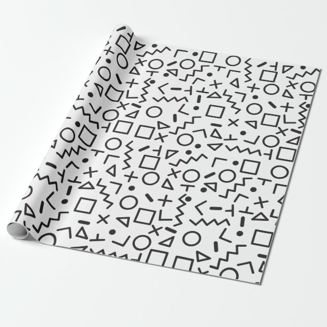 Papier Cadeau 90's Noir & Blanc Retro Shapes Motif (Déroulé)