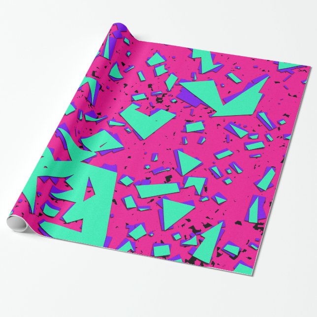 Papier Cadeau 90s Teal et motif géométrique abstrait de rose (Déroulé)